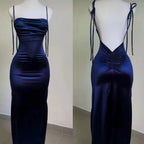 Navy Blue Spaghetti Strap Bodycon Satin Elegant Prom Dress Backless Prom Dress