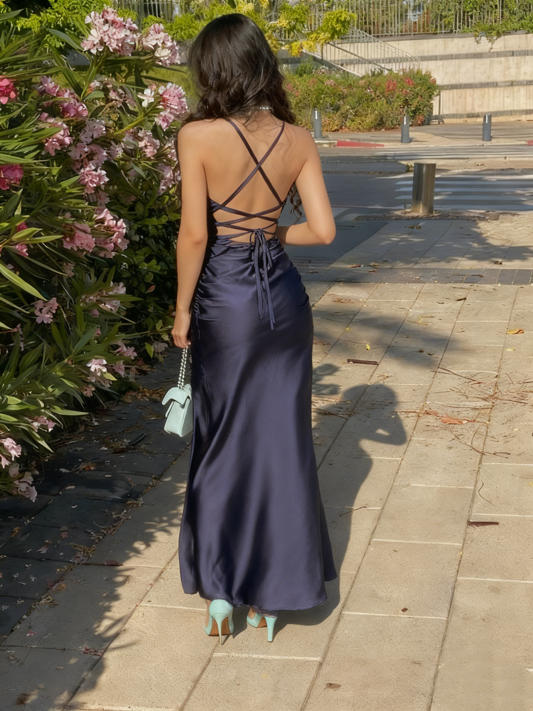 Navy Blue Prom Dress Long Sheath Slit Prom Dresses