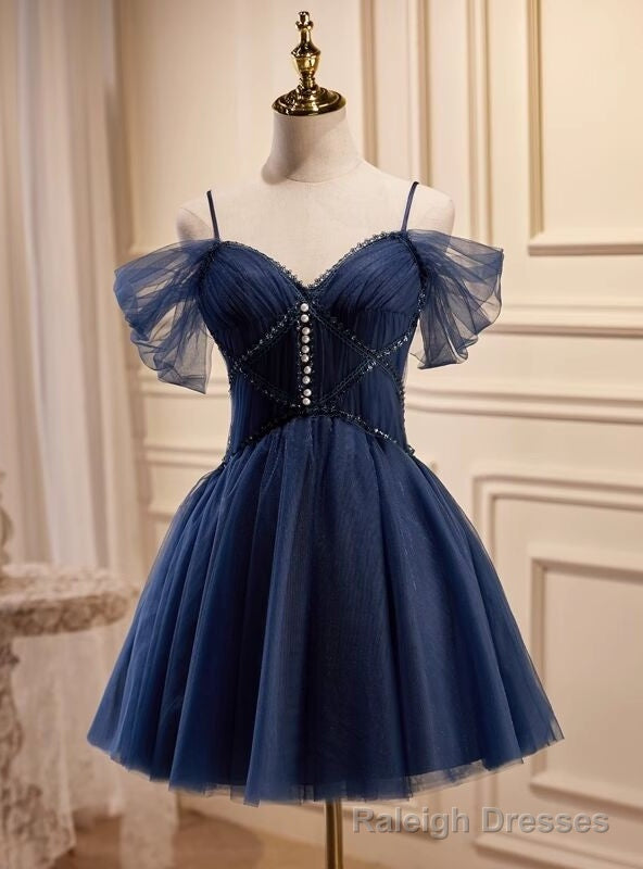 Navy Blue Spaghetti Straps Tulle Pleats Homecoming Dress Main image