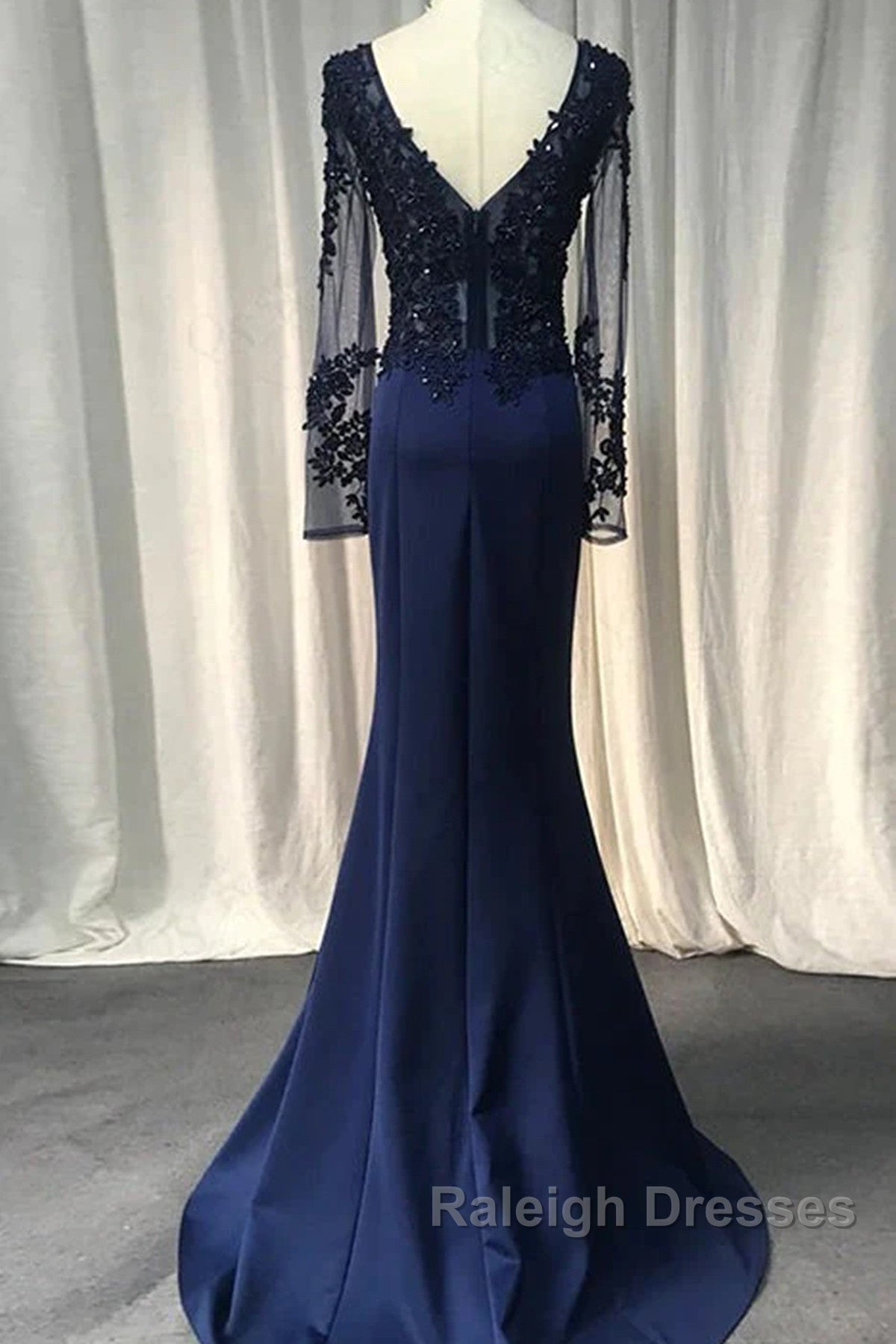 Navy Blue Spandex Long Sleeves Mermaid Evening Dress, Navy Blue Prom Dress Secondary image