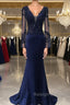 Navy Blue Spandex Long Sleeves Mermaid Evening Dress, Navy Blue Prom Dress