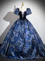 Navy Blue Sqwuare Puff Sleeve Crystal Quinceanera Dress