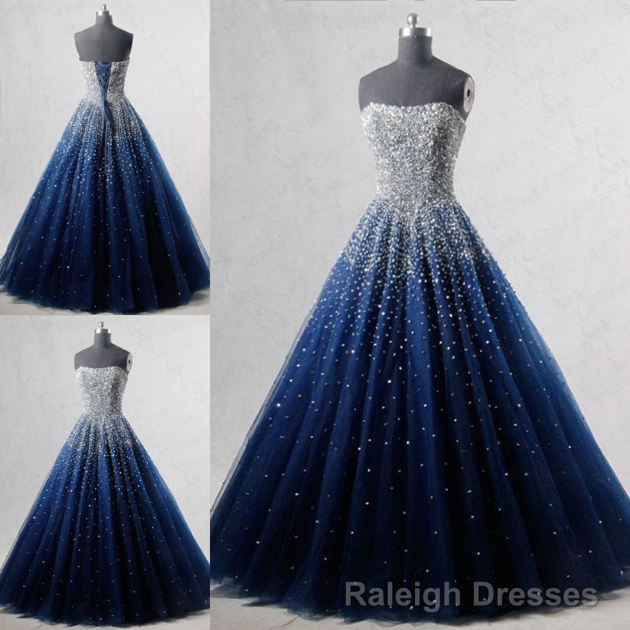Navy Blue Strapless Floor Length Prom Ball Gown with Beading Sequins, Prom Dresses,Formal Dresses