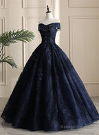 Navy Blue Sweetheart With Lace Applique Sweet 16 Dress, Blue Long Formal Dress