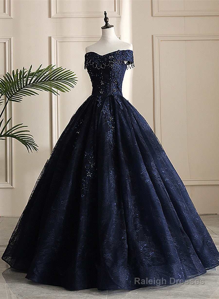 Navy Blue Sweetheart With Lace Applique Sweet 16 Dress, Blue Long Formal Dress