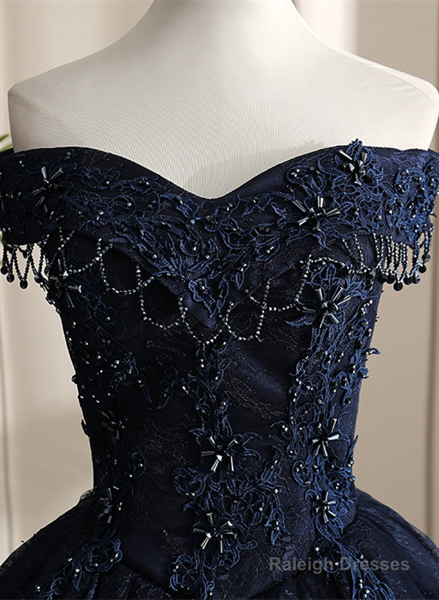 Navy Blue Sweetheart With Lace Applique Sweet 16 Dress, Blue Long Formal Dress