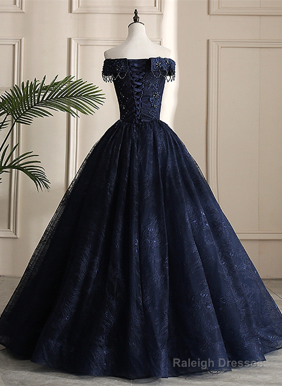 Navy Blue Sweetheart With Lace Applique Sweet 16 Dresses Blue Long Prom Dresses