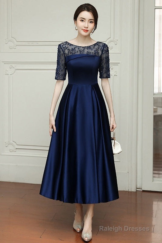 Navy Blue Tea Length Satin Short Sleeves Party Dress, Blue Wedding Party Dresses Secondary image
