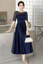 Navy Blue Tea Length Satin Short Sleeves Prom Dresses Blue Wedding Prom Dress