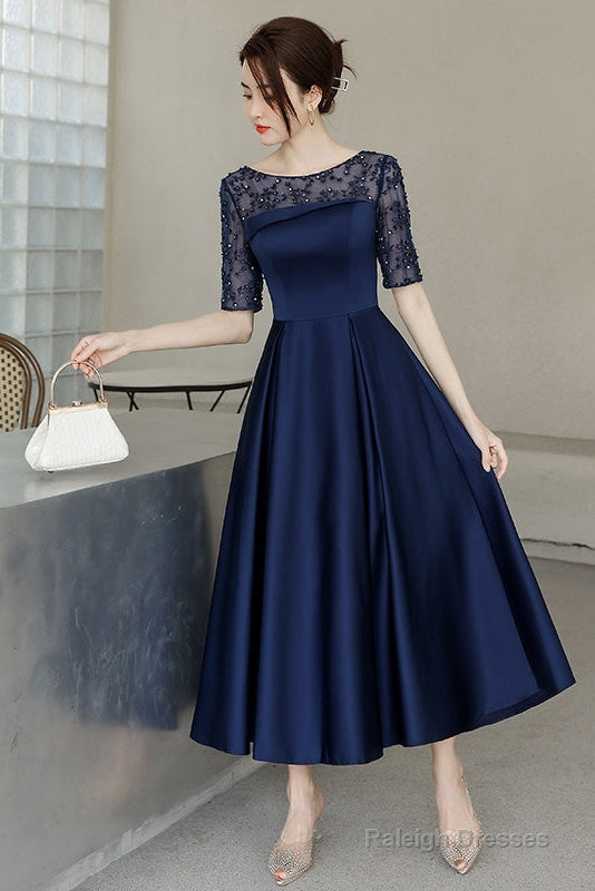 Navy Blue Tea Length Satin Short Sleeves Prom Dresses Blue Wedding Prom Dress