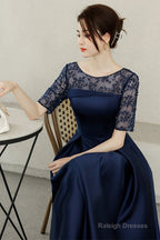 Navy Blue Tea Length Satin Short Sleeves Prom Dresses Blue Wedding Prom Dress