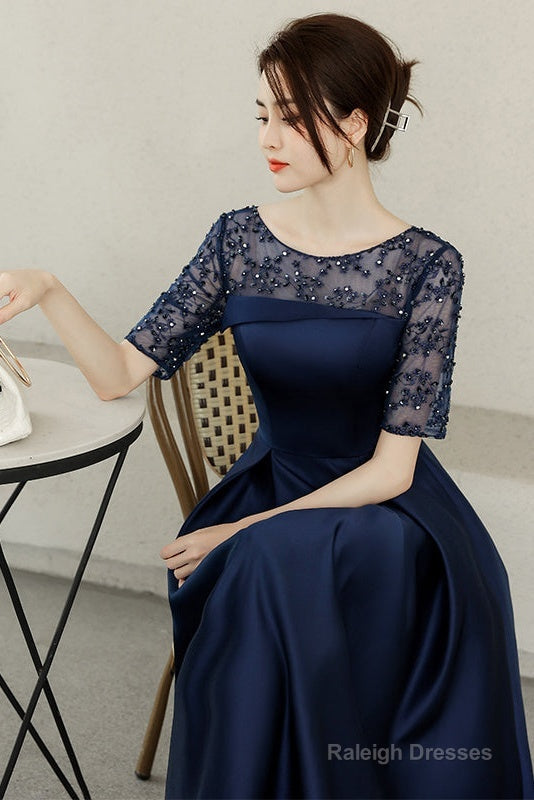 Navy Blue Tea Length Satin Short Sleeves Prom Dresses Blue Wedding Prom Dress