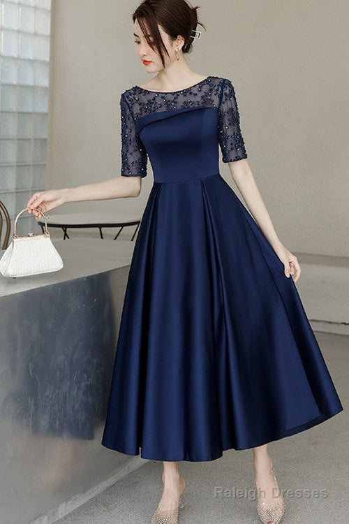 Navy Blue Tea Length Satin Short Sleeves Prom Dresses Blue Wedding Prom Dress Main image