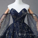 Navy Blue Tulle A-Line Long Party Dress Evening Dress, Navy Blue Long Prom Dress