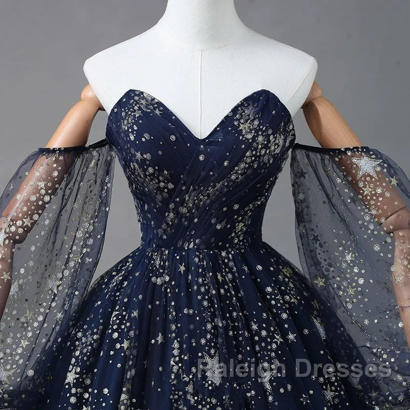 Navy Blue Tulle A-Line Long Party Dress Evening Dress, Navy Blue Long Prom Dress