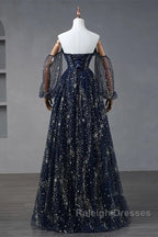 Navy Blue Tulle A-Line Long Party Dress Evening Dress, Navy Blue Long Prom Dress