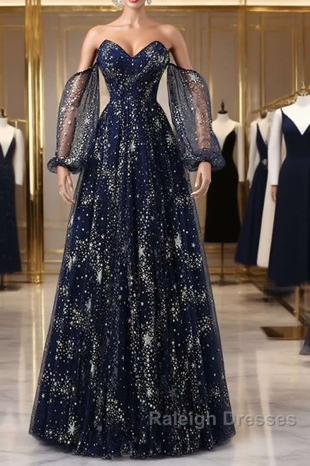 Navy Blue Tulle A-Line Long Party Dress Evening Dress, Navy Blue Long Prom Dress