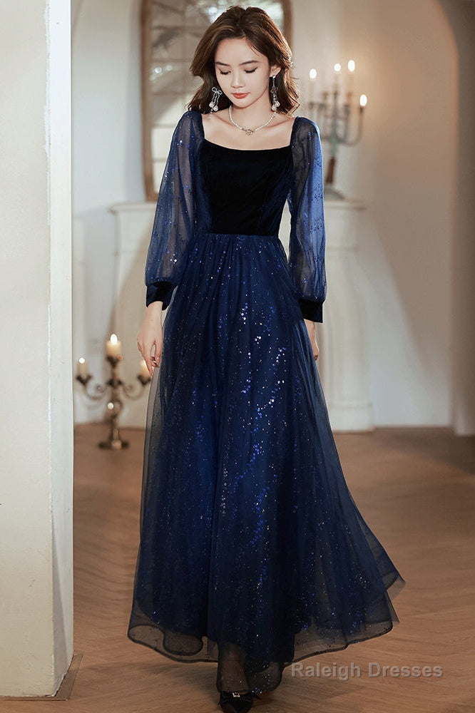 Navy Blue Tulle And Velvet Long Sleeves Party Dress, Simple A-Line Prom Dress Secondary image