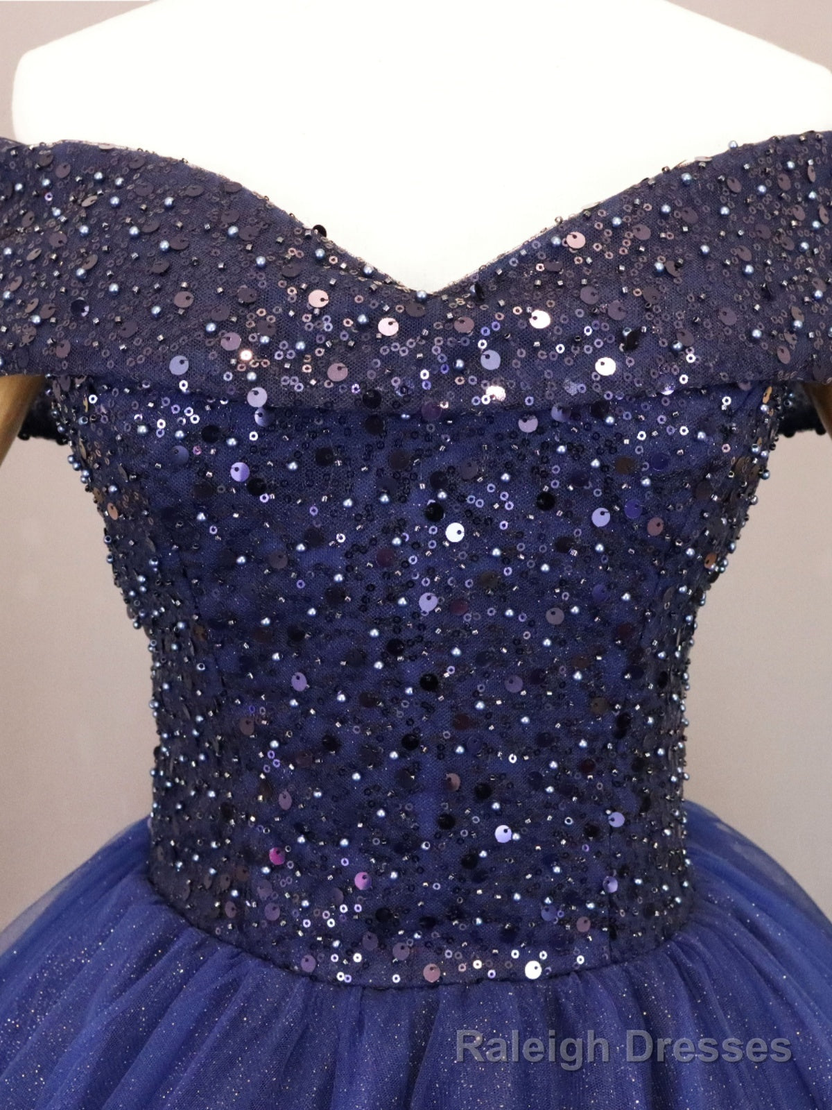 Navy Blue Tulle Beaded Ball Gown Sweet 16 Dress, Blue Tulle Prom Dress Party Dress