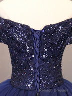 Navy Blue Tulle Beaded Ball Gowns Sweet 16 Dress, Blue Tulle Prom Dress