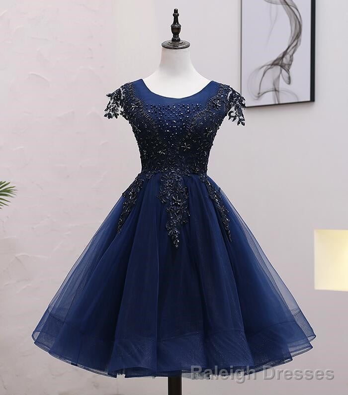 Navy Blue Tulle Beaded Knee Length Cap Sleeves Prom Dress, Blue Homecoming Dress Main image