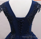 Navy Blue Tulle Beaded Knee Length Cap Sleeves Prom Dress, Blue Homecoming Dress