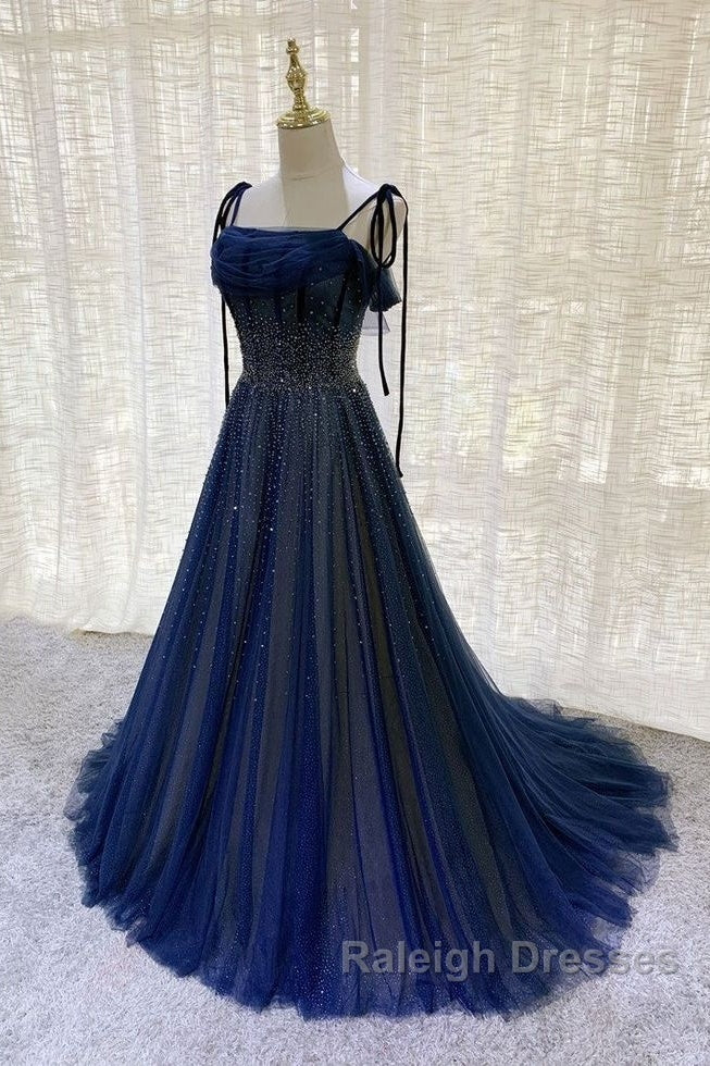 Navy Blue Tulle Beaded Long Prom Dress Evening Dress