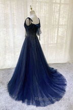 Navy Blue Tulle Beaded Long Prom Dress Evening Dress