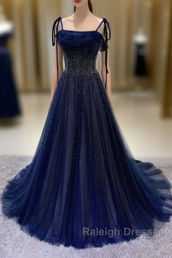 Navy Blue Tulle Beaded Long Prom Dress Evening Dress Main image