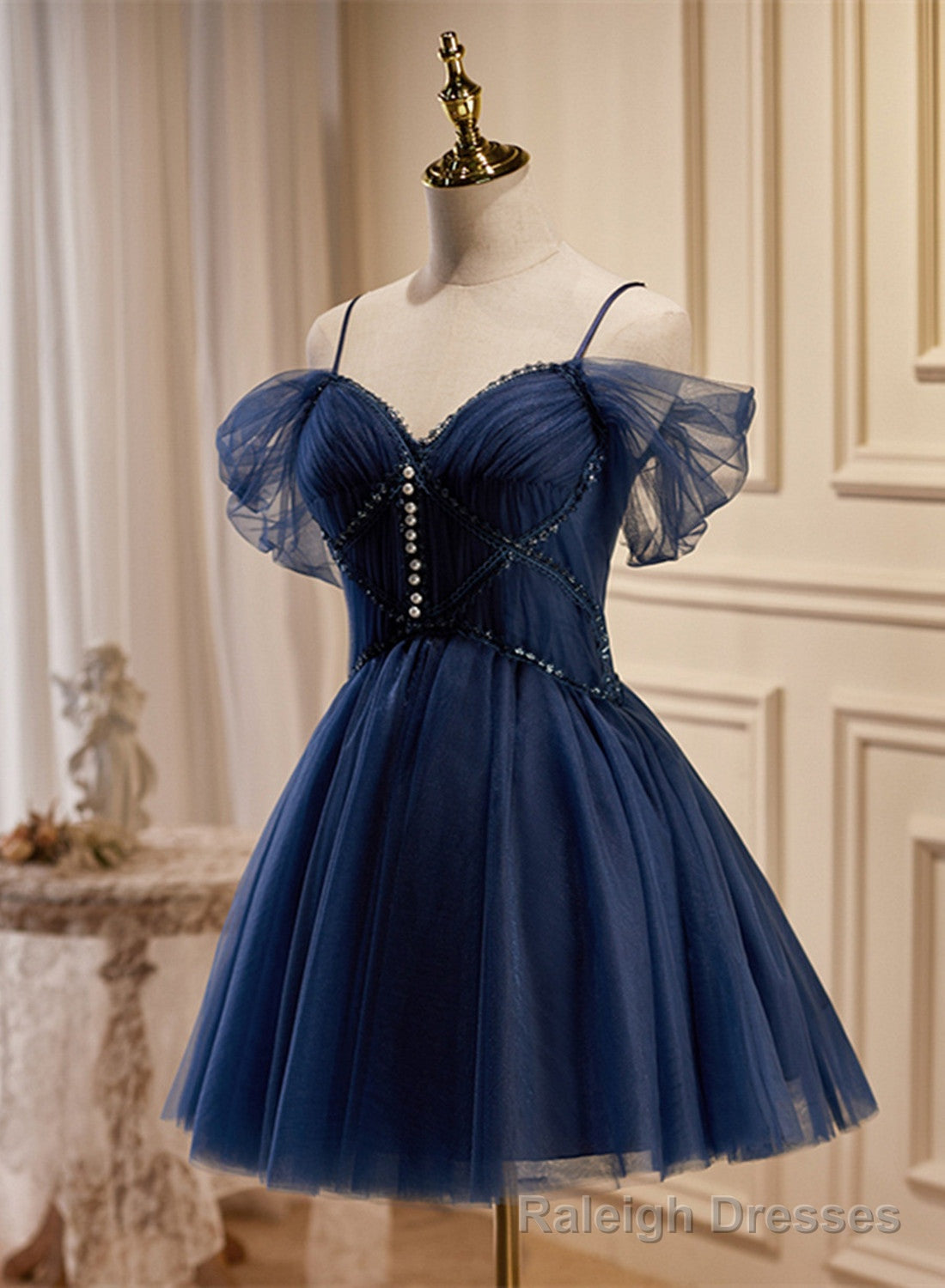 Navy Blue Tulle Beaded Short Prom Dress, Blue Tulle Off Shoulder Homecoming Dress Main image
