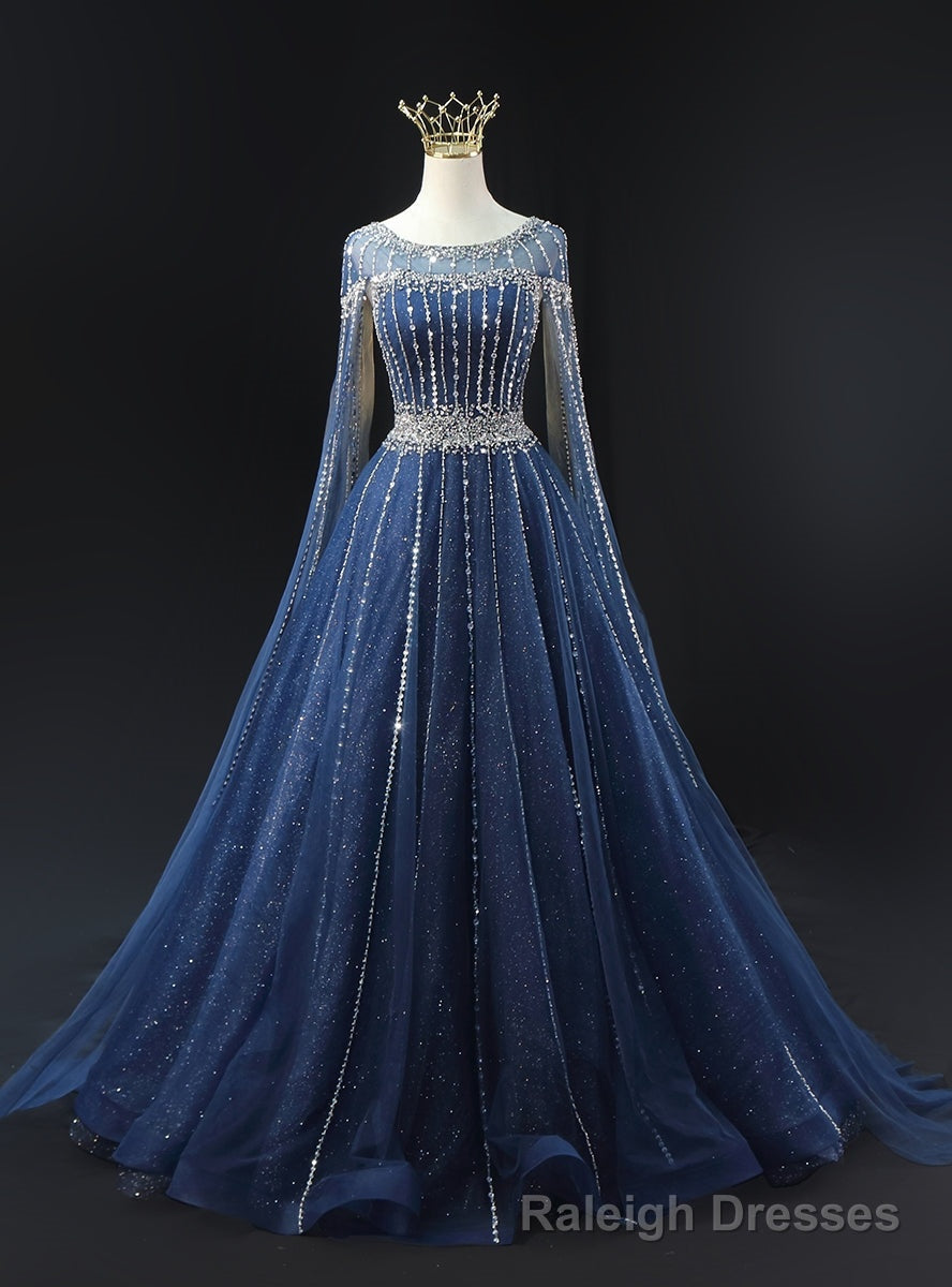 Navy Blue Tulle Beading Sequins Prom Dress Main image