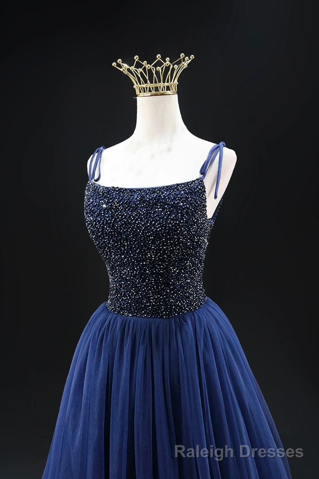 Navy Blue Tulle Beads Long A-Line Prom Dress, Elegant Spaghetti Strap Backless Evening Dress Secondary image