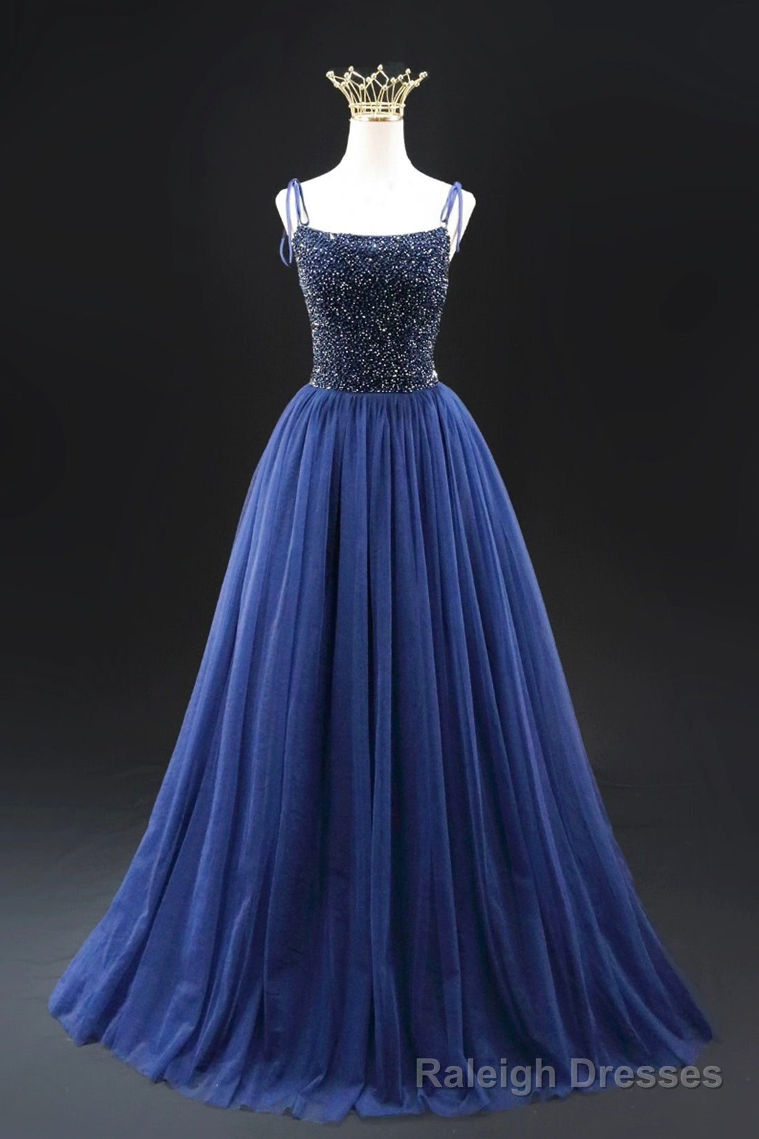 Navy Blue Tulle Beads Long A-Line Prom Dress, Elegant Spaghetti Strap Backless Evening Dress Main image