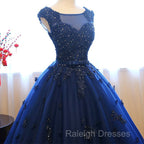 Navy Blue Tulle Cap Sleeves Quinceanera Dresses, Blue Beaded Ball Gown Party Dress
