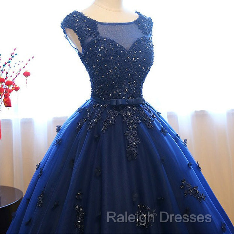 Navy Blue Tulle Cap Sleeves Quinceanera Dresses, Blue Beaded Ball Gown Party Dress