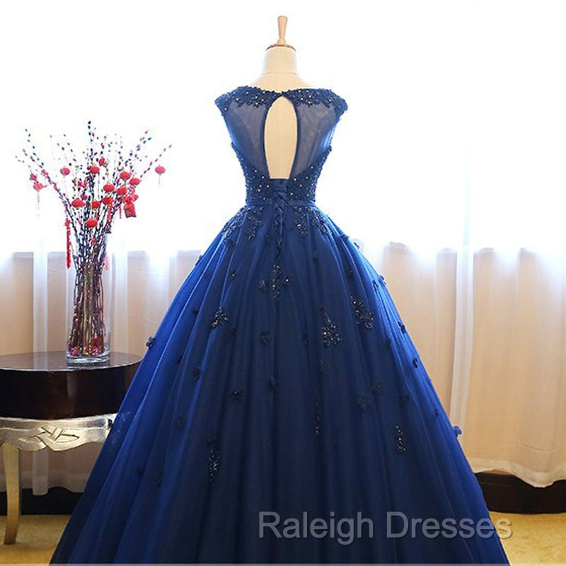 Navy Blue Tulle Cap Sleeves Quinceanera Dresses, Blue Beaded Ball Gown Party Dress