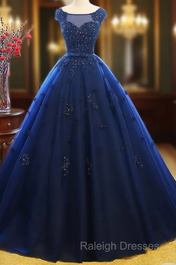 Navy Blue Tulle Cap Sleeves Quinceanera Dresses, Blue Beaded Ball Gown Party Dress Main image