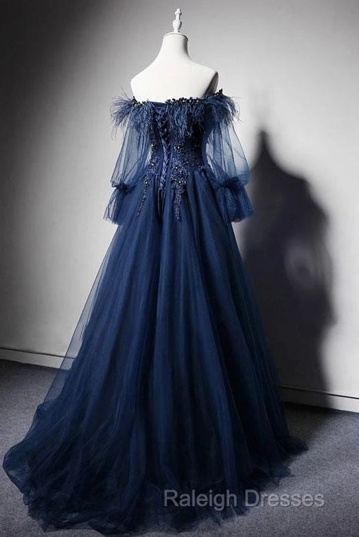 Navy Blue Tulle Lace Beading Off-Shoulder Formal Evening Dresses Prom Dresses Secondary image