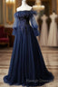 Navy Blue Tulle Lace Beading Off-Shoulder Formal Evening Dresses Prom Dresses