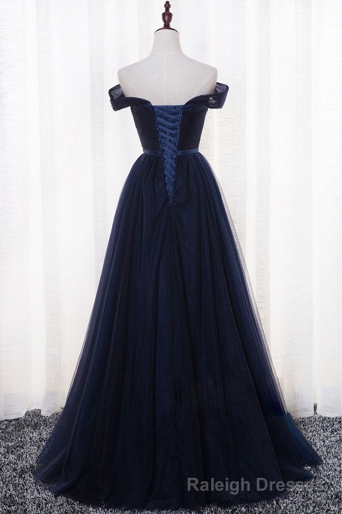 Navy Blue Tulle Long Prom Dress, Simple Off Shoulder Blue Bridesmaid Dress Secondary image