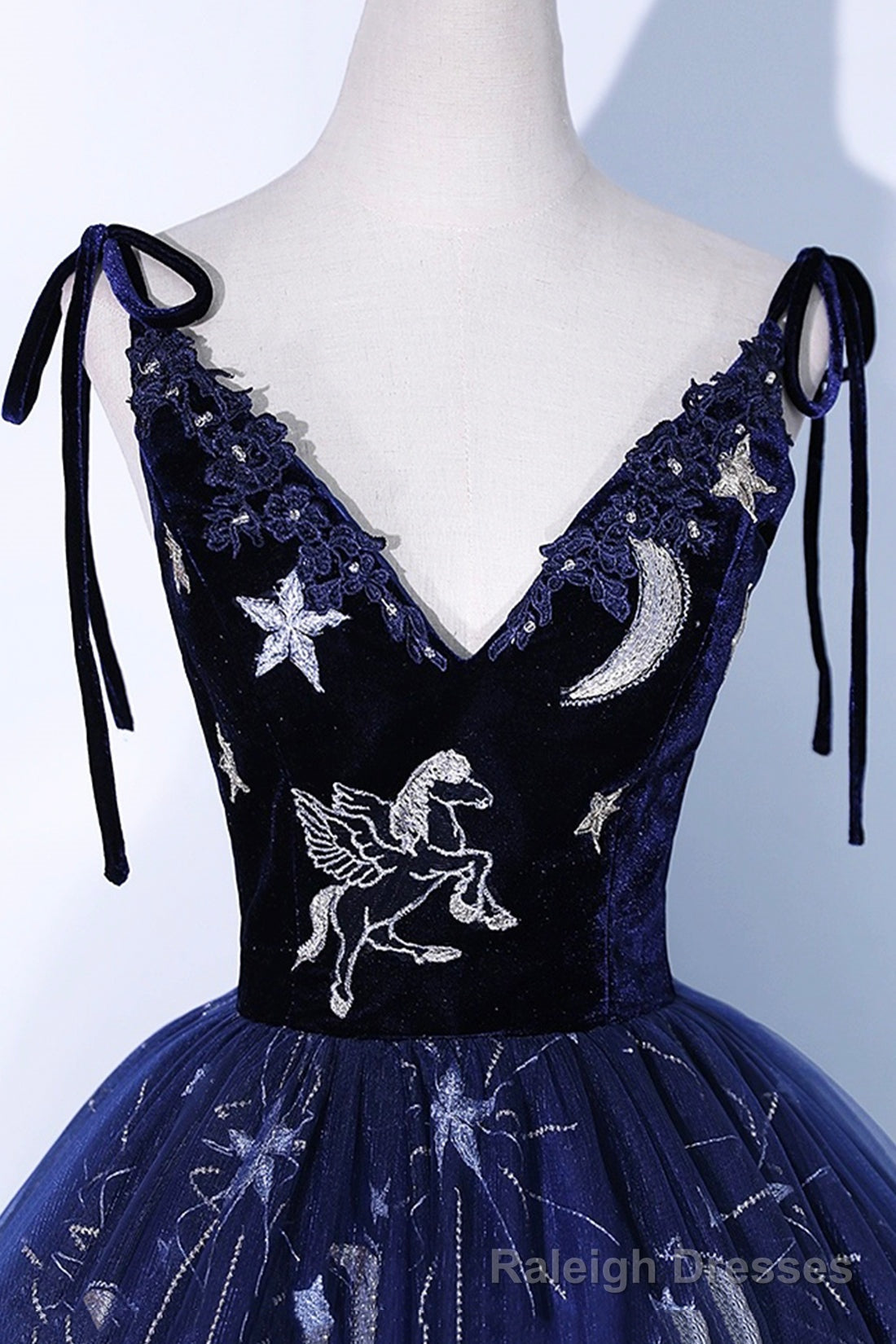 Navy Blue Tulle Long Prom Dress, Spaghetti Straps Lace Flower Backless Formal Dress
