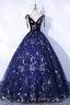 Navy Blue Tulle Long Prom Dress, Spaghetti Straps Lace Flower Backless Formal Dress