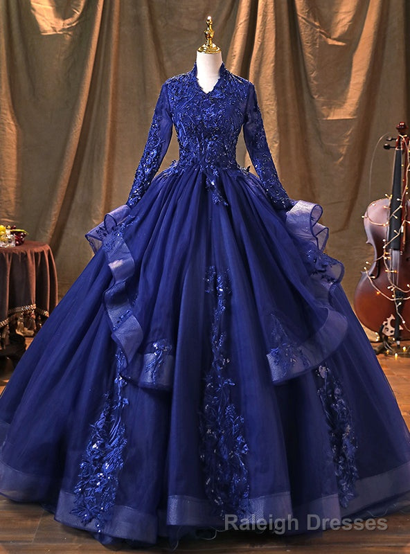 Navy Blue Tulle Long Sleeve Appliques Beading Quinceanera Dress Main image