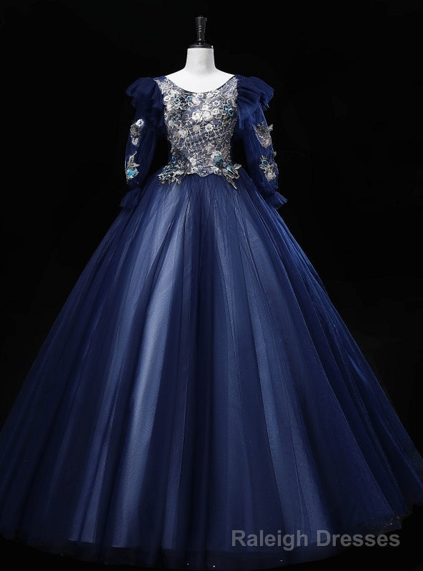 Navy Blue Tulle Long Sleeve Embroidery Sequins Quinceanera Dress Main image