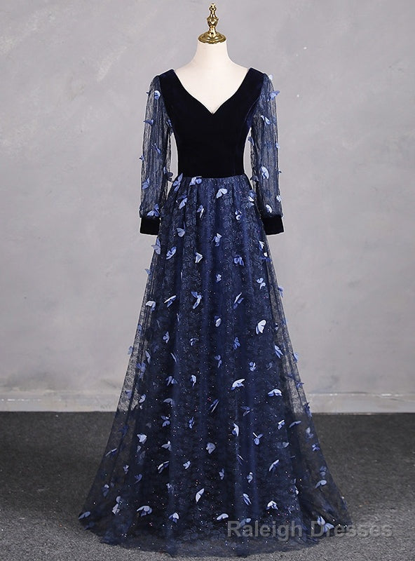 Navy Blue Tulle Long Sleeve V-neck Butterfly Prom Dress Main image