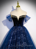 Navy Blue Tulle Off Shoulder Beaded Long Party Dress, Navy Blue Tulle Prom Dress