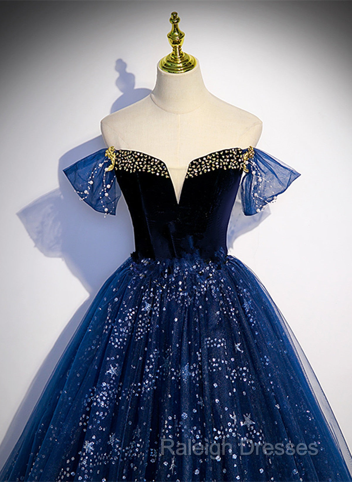 Navy Blue Tulle Off Shoulder Beaded Long Party Dress, Navy Blue Tulle Prom Dress