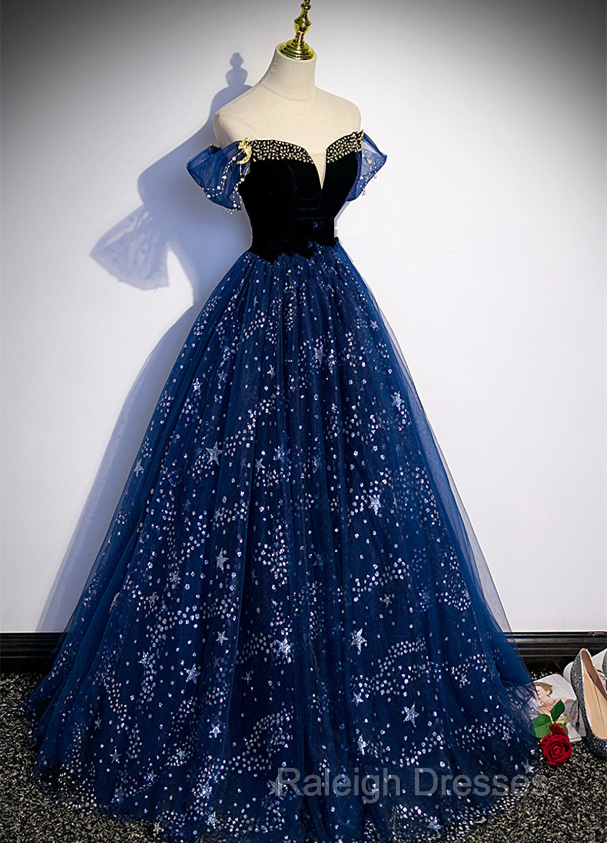 Navy Blue Tulle Off Shoulder Beaded Long Party Dress, Navy Blue Tulle Prom Dress