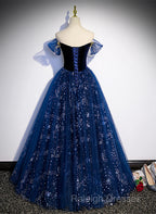 Navy Blue Tulle Off Shoulder Beaded Long Party Dress, Navy Blue Tulle Prom Dress