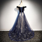 Navy Blue Tulle Off Shoulder Velvet Top Long Prom Dress, Blue Prom Dress